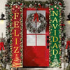 Festive Christmas door banner featuring holiday greetings and a wreath on a red door.