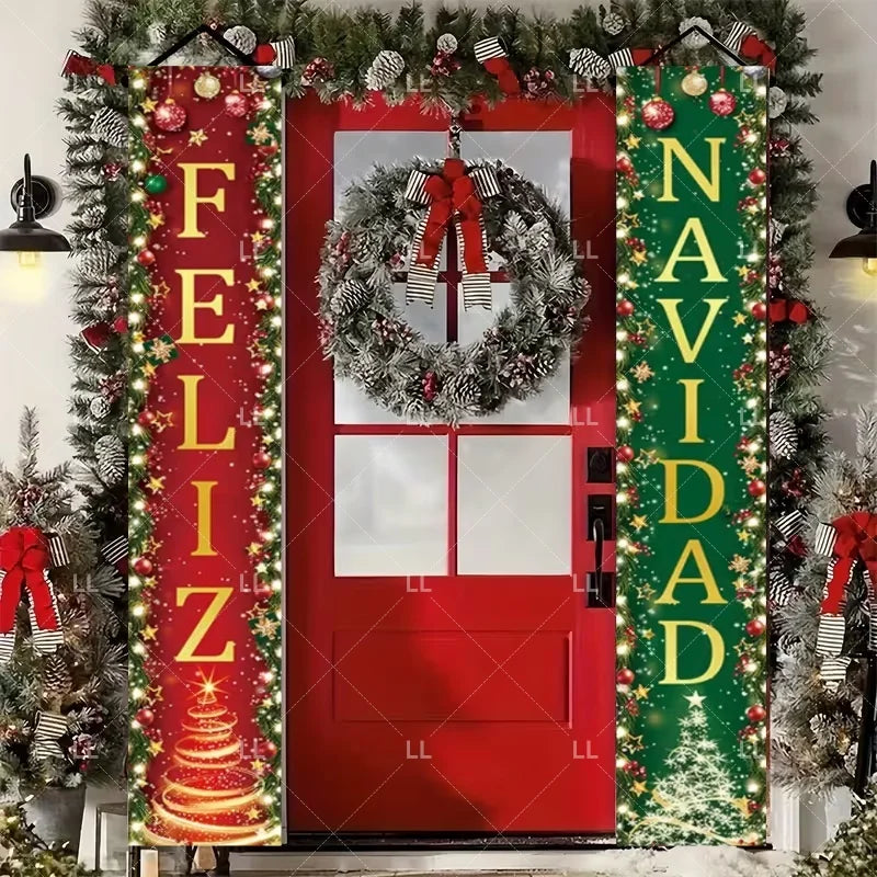 Festive Christmas door banner featuring holiday greetings and a wreath on a red door.