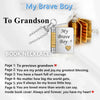 A gold book necklace featuring a message for a grandson, with text inside the book cover.