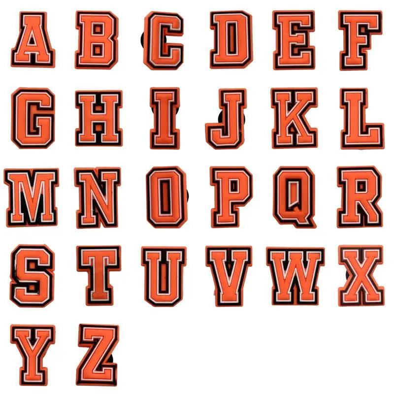 Charms alphabets A to Z for Crocs in orange and black