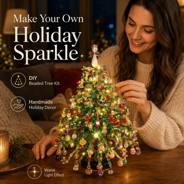 A woman is decorating a sparkling holiday tree with beads indoors.