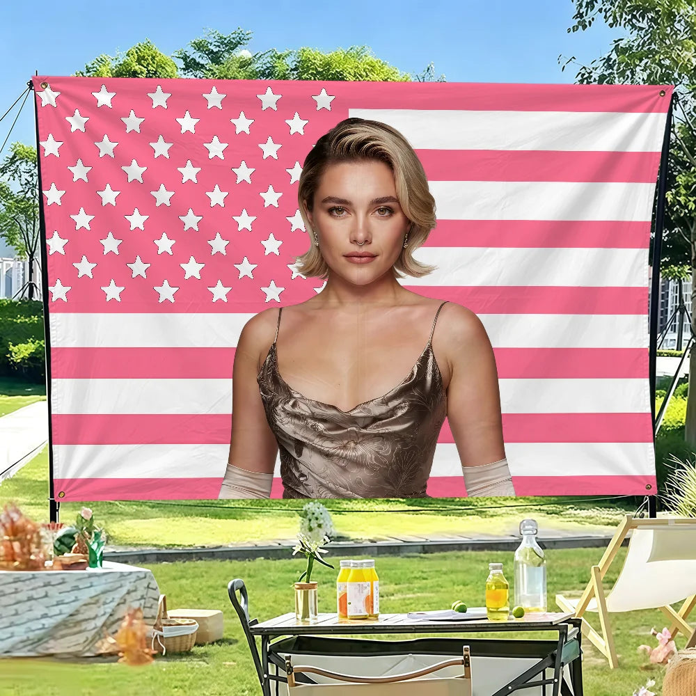 A woman resembling Florence Pugh is featured on a decorative flag banner with a patriotic design.