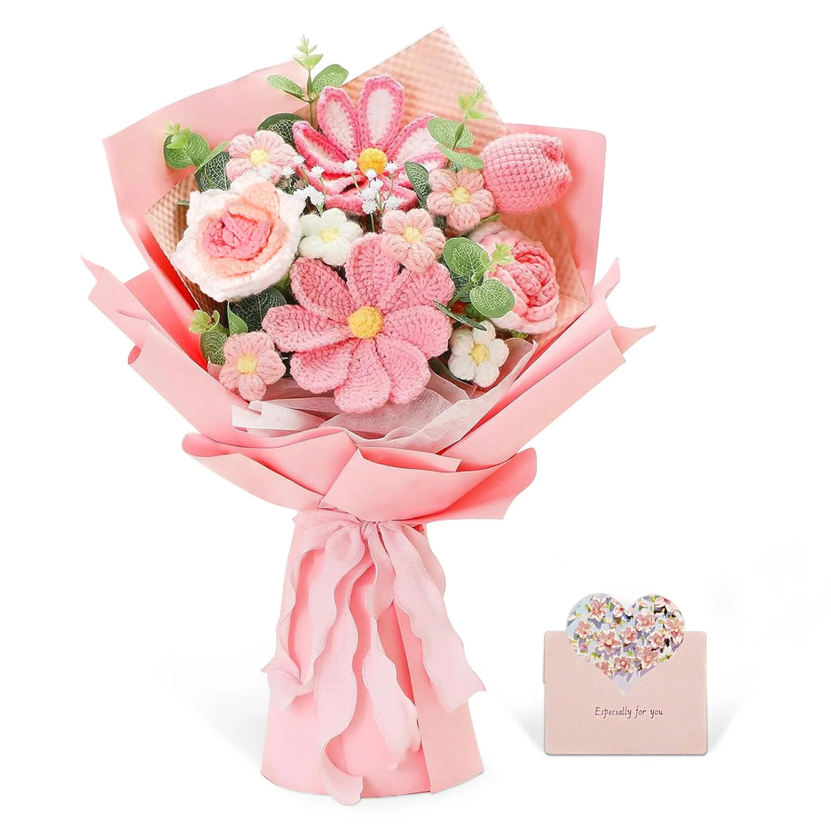 A bouquet of handcrafted crochet tulip flowers in various shades of pink and green, wrapped in pink paper.