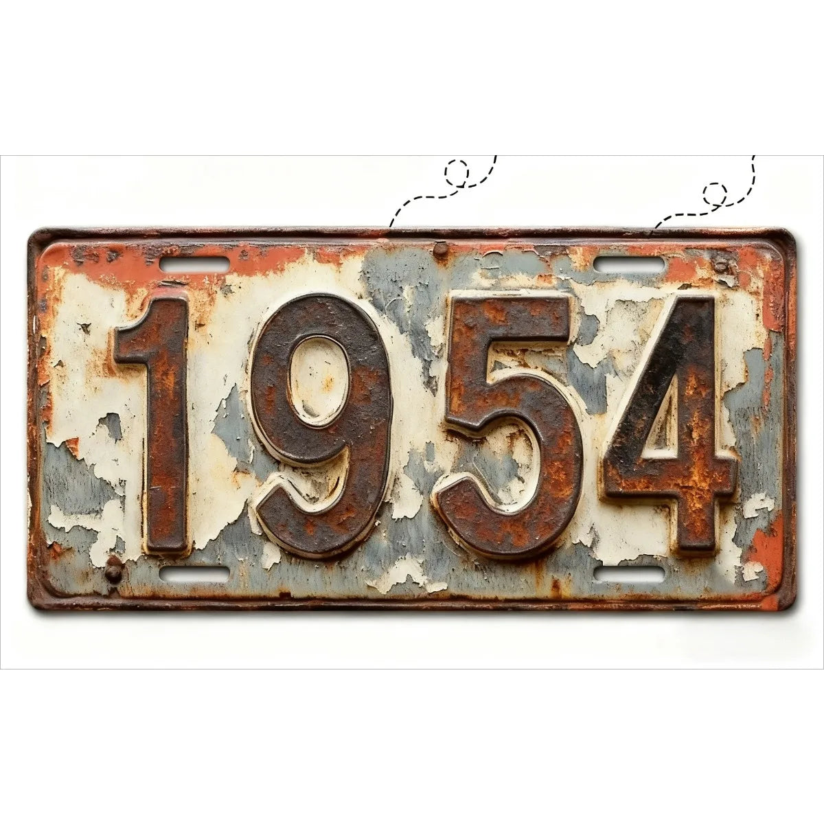 A vintage, weathered aluminum license plate tag displaying the year 1954.