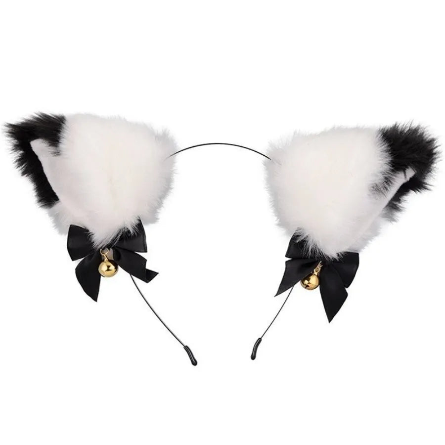 Black and white fluffy cat ear headband and tail costume set