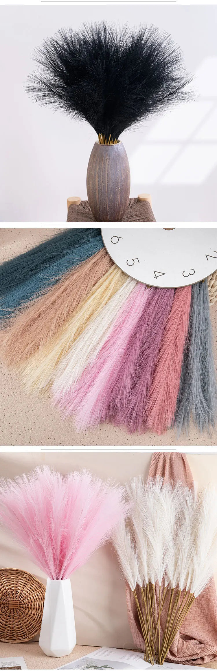 A collection of artificial pampas grass stems in various shades of pink, beige, and gray displayed on a wooden surface.