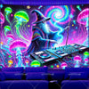 A tapestry featuring a wizard with a beard surrounded by glowing mushrooms and vibrant purple and green light effects.