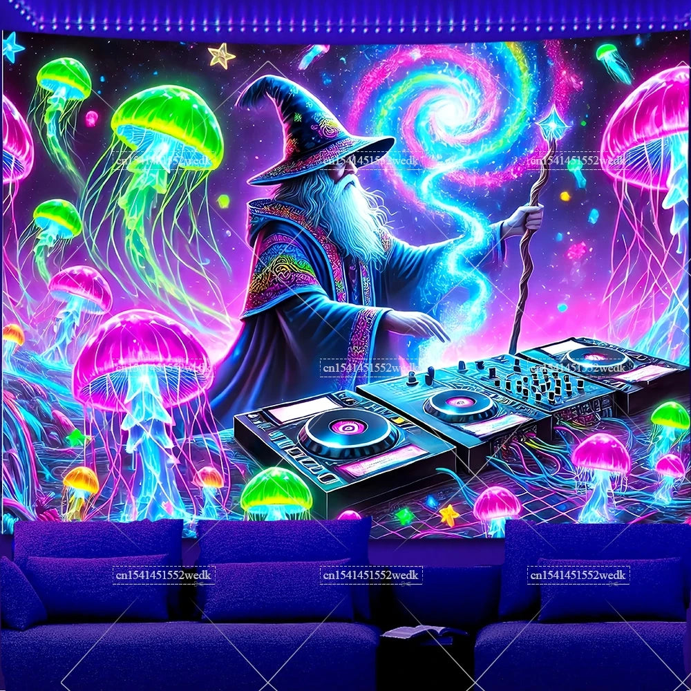A tapestry featuring a wizard with a beard surrounded by glowing mushrooms and vibrant purple and green light effects.