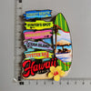 A set of eight colorful fridge magnets featuring names like Sunset Beach, Surfer's Spot, and Paradise Cove.