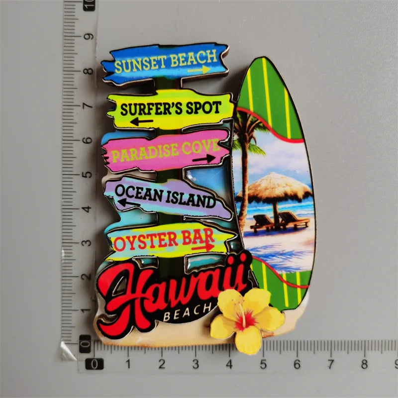 A set of eight colorful fridge magnets featuring names like Sunset Beach, Surfer's Spot, and Paradise Cove.