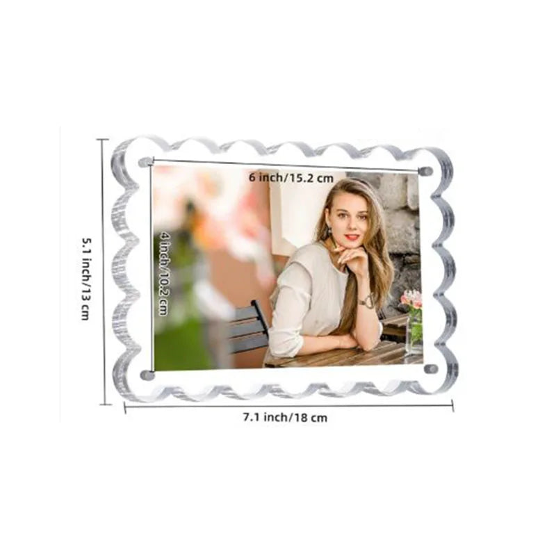 A magnetic acrylic photo display frame with a decorative border, showing a portrait of a woman.