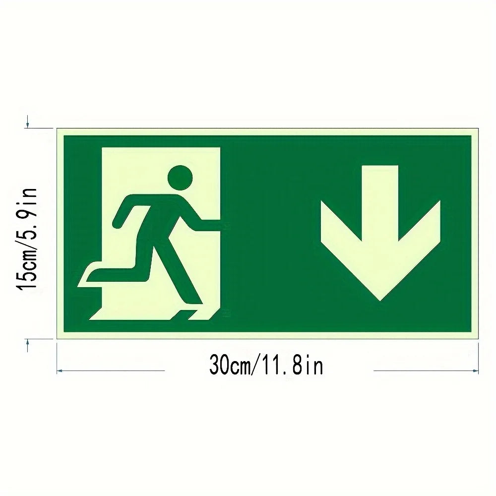 A rectangular green glow-in-the-dark exit safety sign showing a silhouette of a person running and a downward arrow.