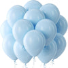 A cluster of light blue latex balloons floating against a white background.