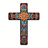 Floral Mexican cross wall art featuring vibrant colorful flowers and leaves on a black background