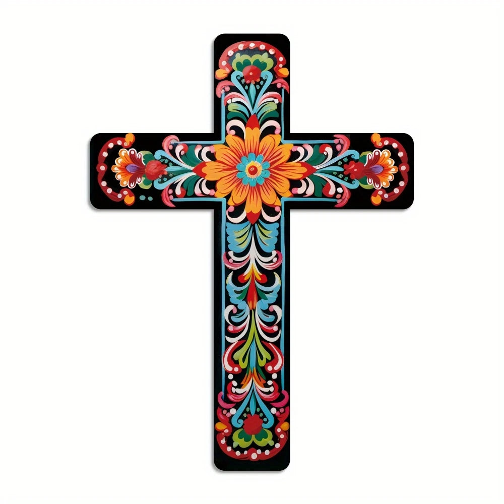 Floral Mexican cross wall art featuring vibrant colorful flowers and leaves on a black background