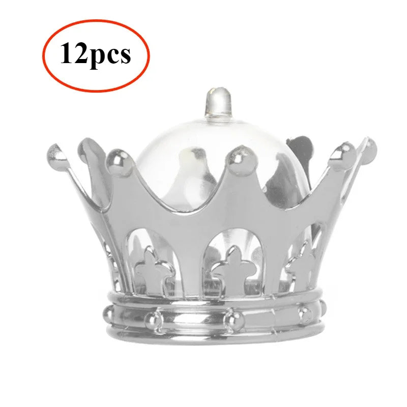 A set of twelve clear glass gold crown candy boxes.