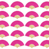 A collection of pink paper hand fans with gold accents shown from various angles.