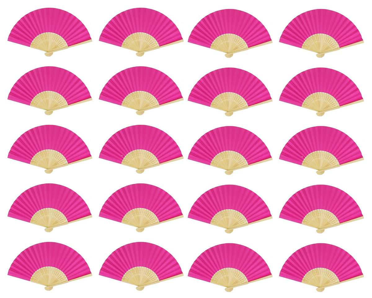 A collection of pink paper hand fans with gold accents shown from various angles.