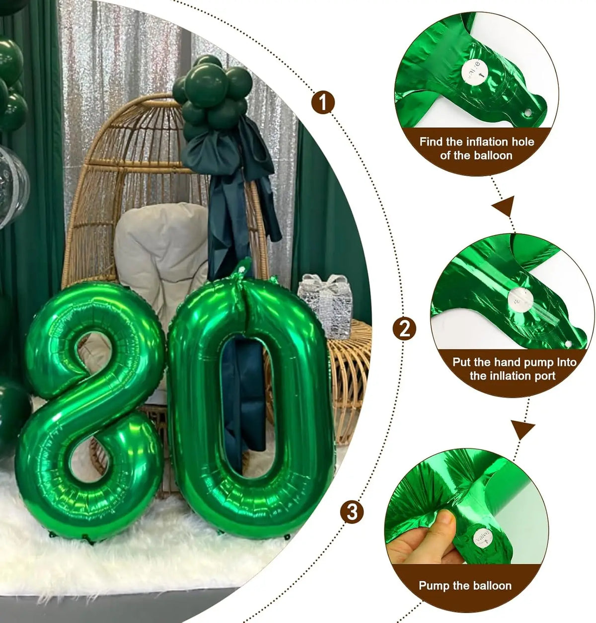 A set of large green foil number balloons spelling '20' shown with instructions for inflation.