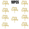 A collection of gold acrylic cake topper letters spelling out Happy Birthday in black script.