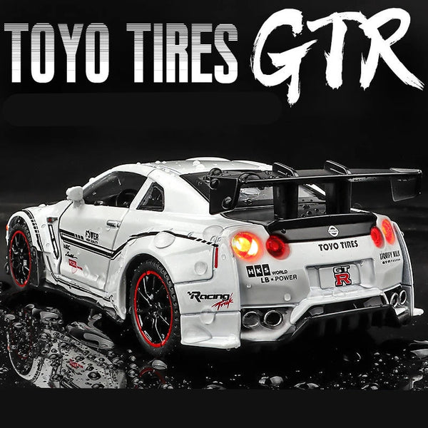 A white Nissan GT-R sports car model is displayed against a dark background with Toyota tires branding visible.