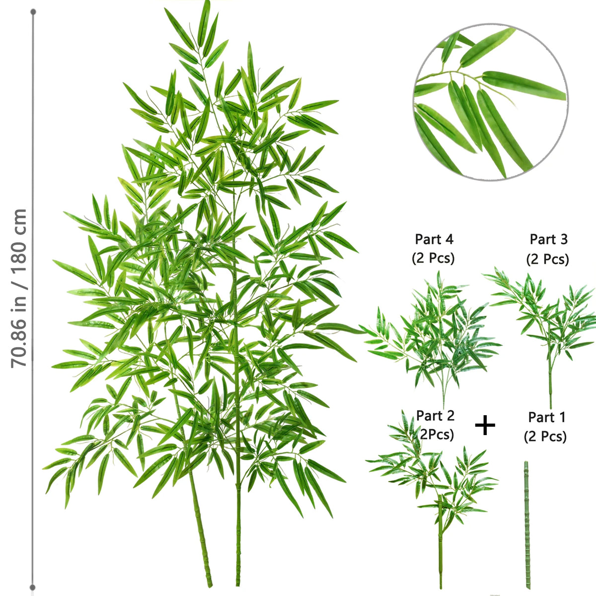 Illustration of an artificial bamboo branch with green leaves shown in full size and disassembled parts.