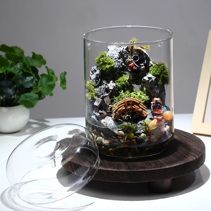 A clear glass vase filled with moss and rocks featuring small plants and natural elements.