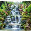 Panoramic waterfall rainforest tapestry featuring lush green foliage and cascading water.
