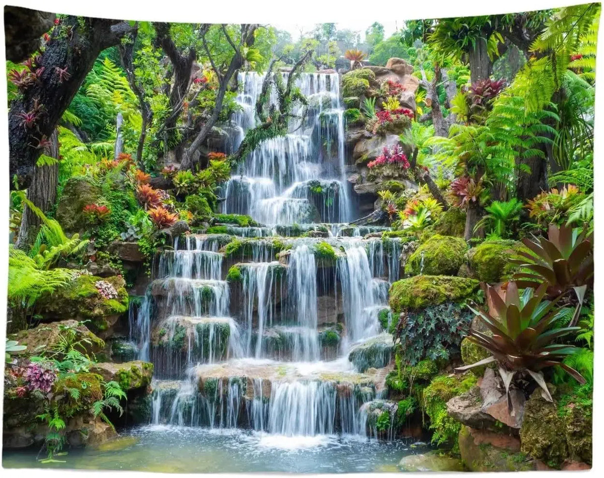 Panoramic waterfall rainforest tapestry featuring lush green foliage and cascading water.