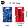 A set of two clear plastic gift bags featuring red and blue spider web designs for party supplies.