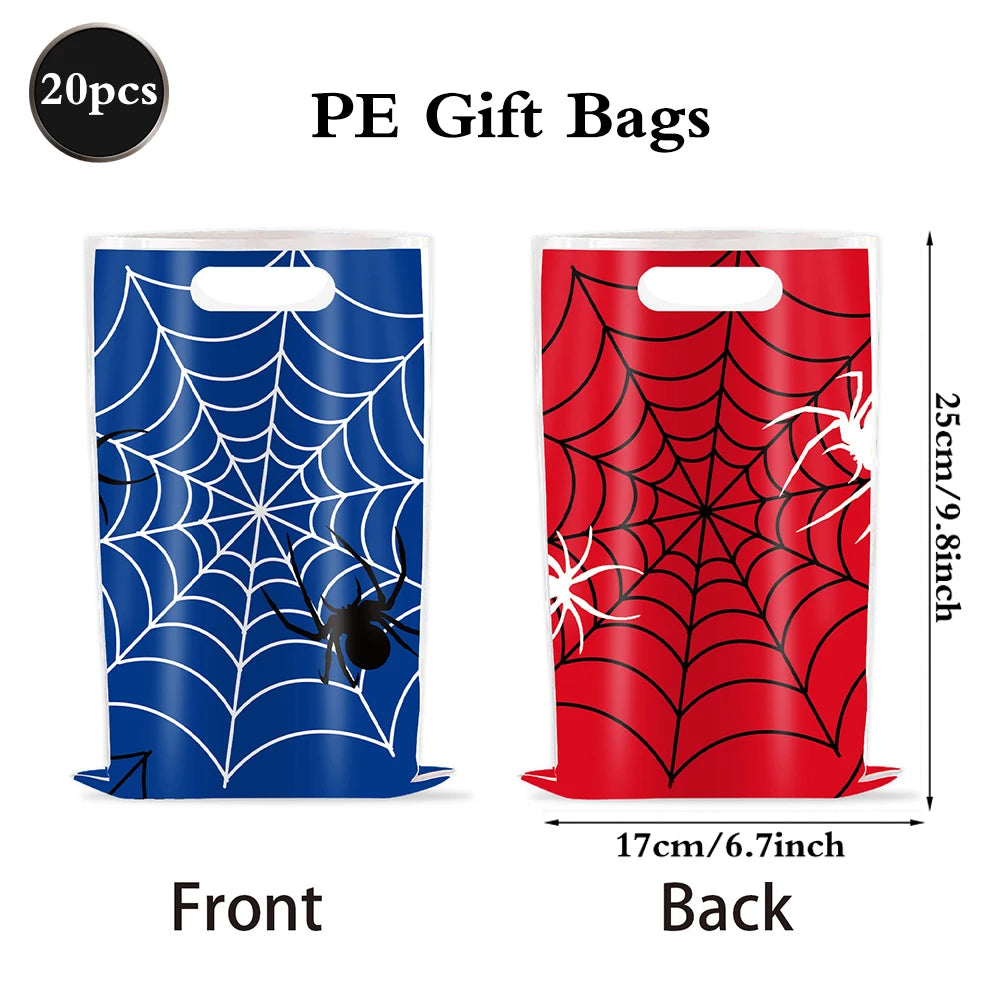 A set of two clear plastic gift bags featuring red and blue spider web designs for party supplies.