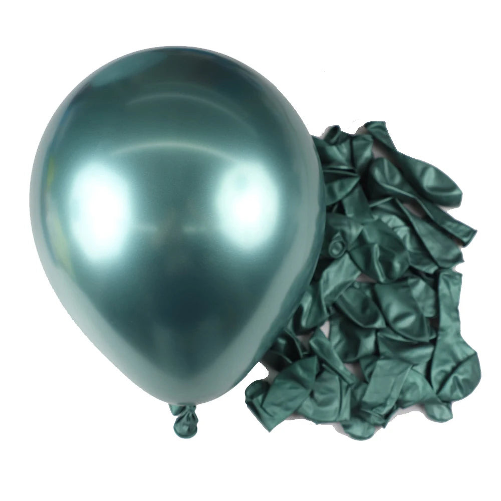 A single silver-blue latex balloon is shown next to a bunch of crinkled dark green foil balloons.