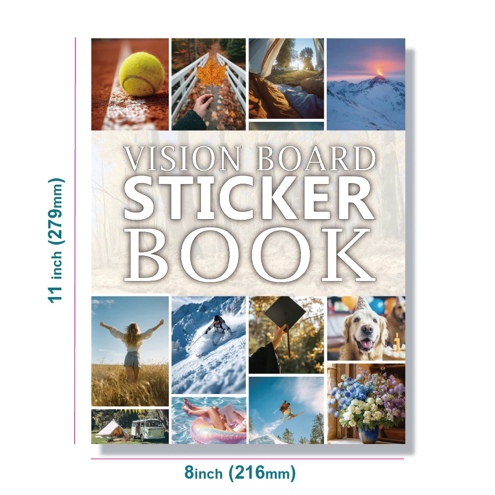 A vision board sticker book featuring inspirational images like nature, light, and animals.