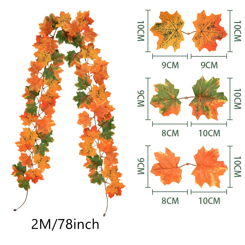 Artificial vine featuring orange and yellow autumn maple leaves, measuring 2 meters long.
