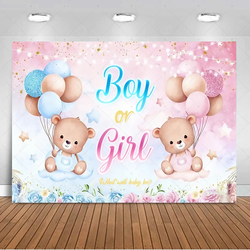 A pink and blue gender reveal backdrop featuring teddy bears and balloons with the text Boy or Girl