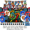 Banner set with latex balloons, cake toppers, and background for a six to seven birthday party