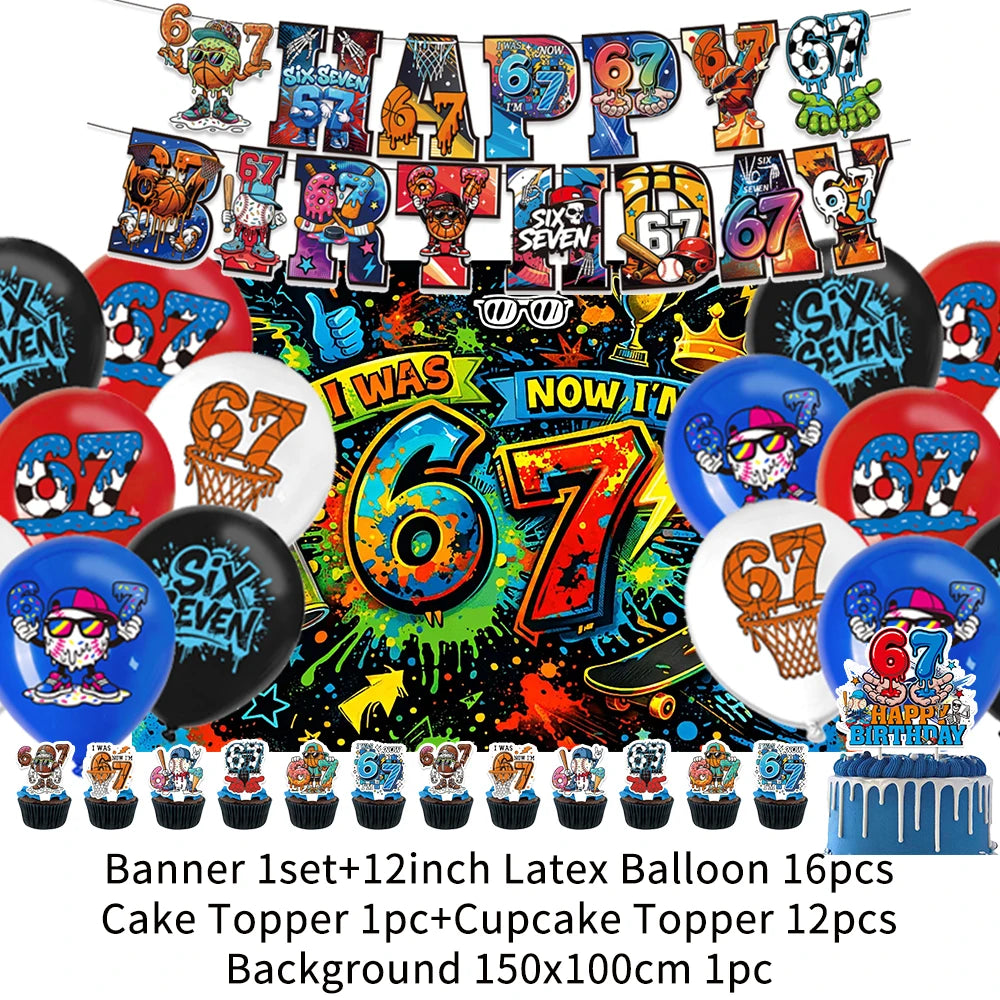 Banner set with latex balloons, cake toppers, and background for a six to seven birthday party