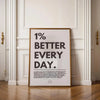 A framed quote on canvas reads One percent better every day set against a white wall with classical molding.
