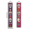 A vertical banner featuring a Mexican skull and floral motifs in purple and pink colors.