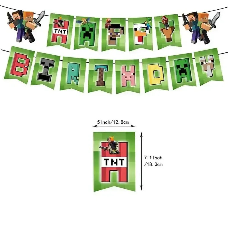A banner featuring pixel art characters and letters spelling out BIRTHDAY