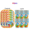 A set of 60 plastic birthday party decorations including plates and cups for a birthday celebration