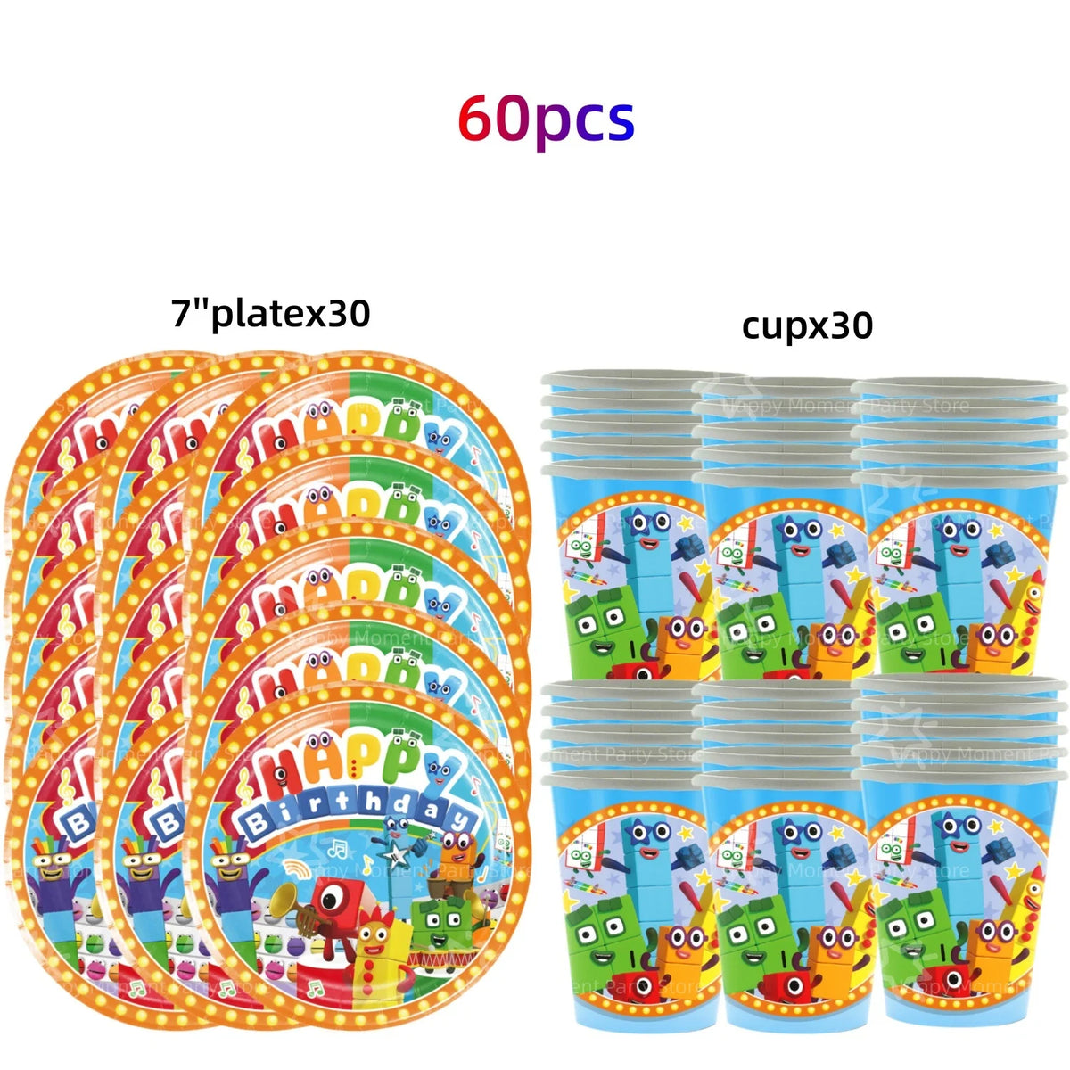 A set of 60 plastic birthday party decorations including plates and cups for a birthday celebration