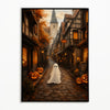 A dark, atmospheric painting of a cobblestone street lined with old buildings and autumn foliage, featuring a ghostly figure 
