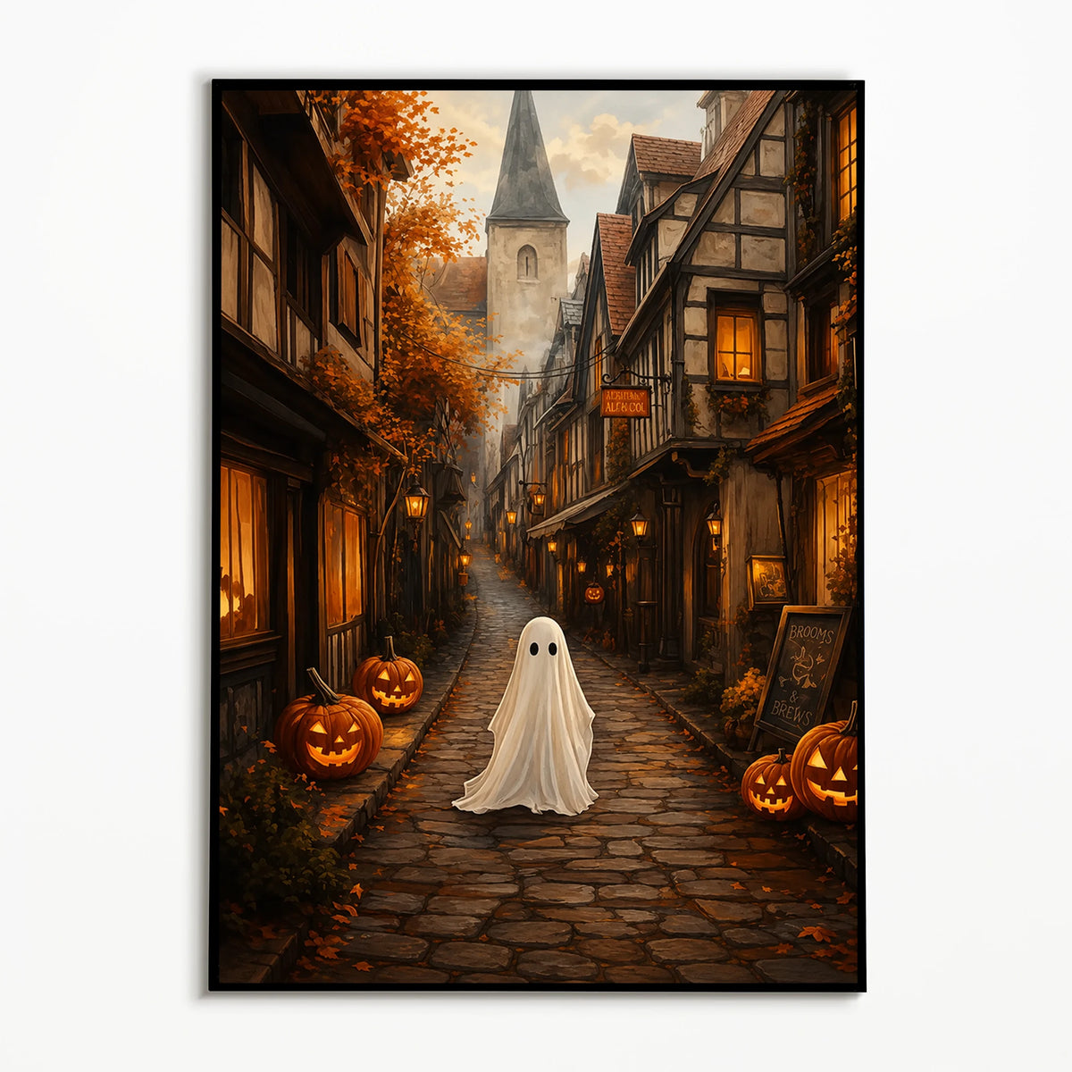 A dark, atmospheric painting of a cobblestone street lined with old buildings and autumn foliage, featuring a ghostly figure 