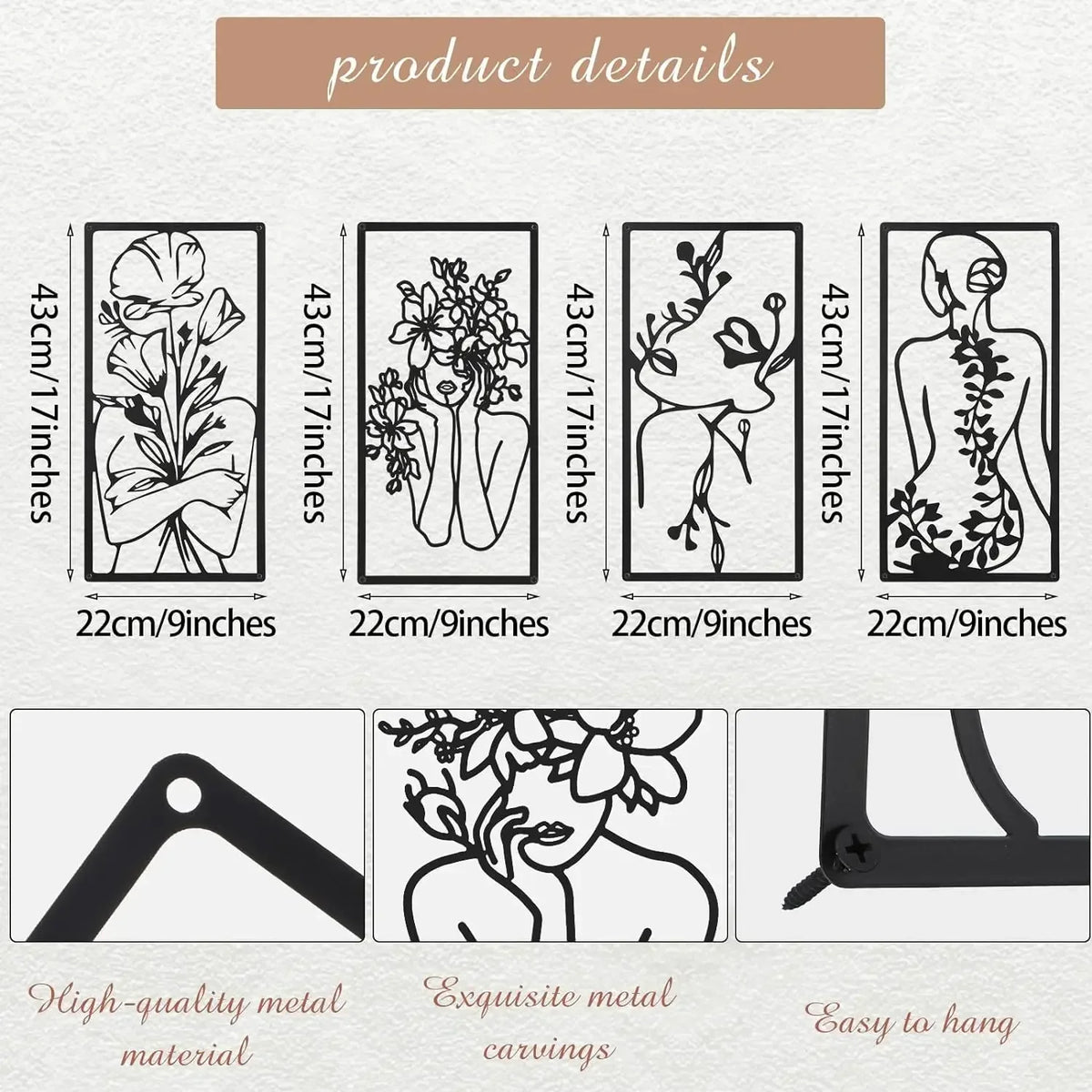 Set of four black line art metal wall decor pieces featuring abstract female figures and foliage designs.
