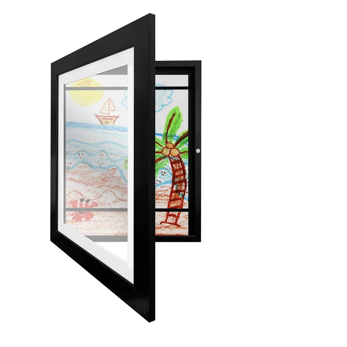 A black magnetic front opening art display frame featuring a tropical beach scene with a yellow sun and palm tree.