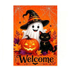 A cute ghost cat with a witch hat and an orange pumpkin surrounded by autumn leaves and spiderwebs.