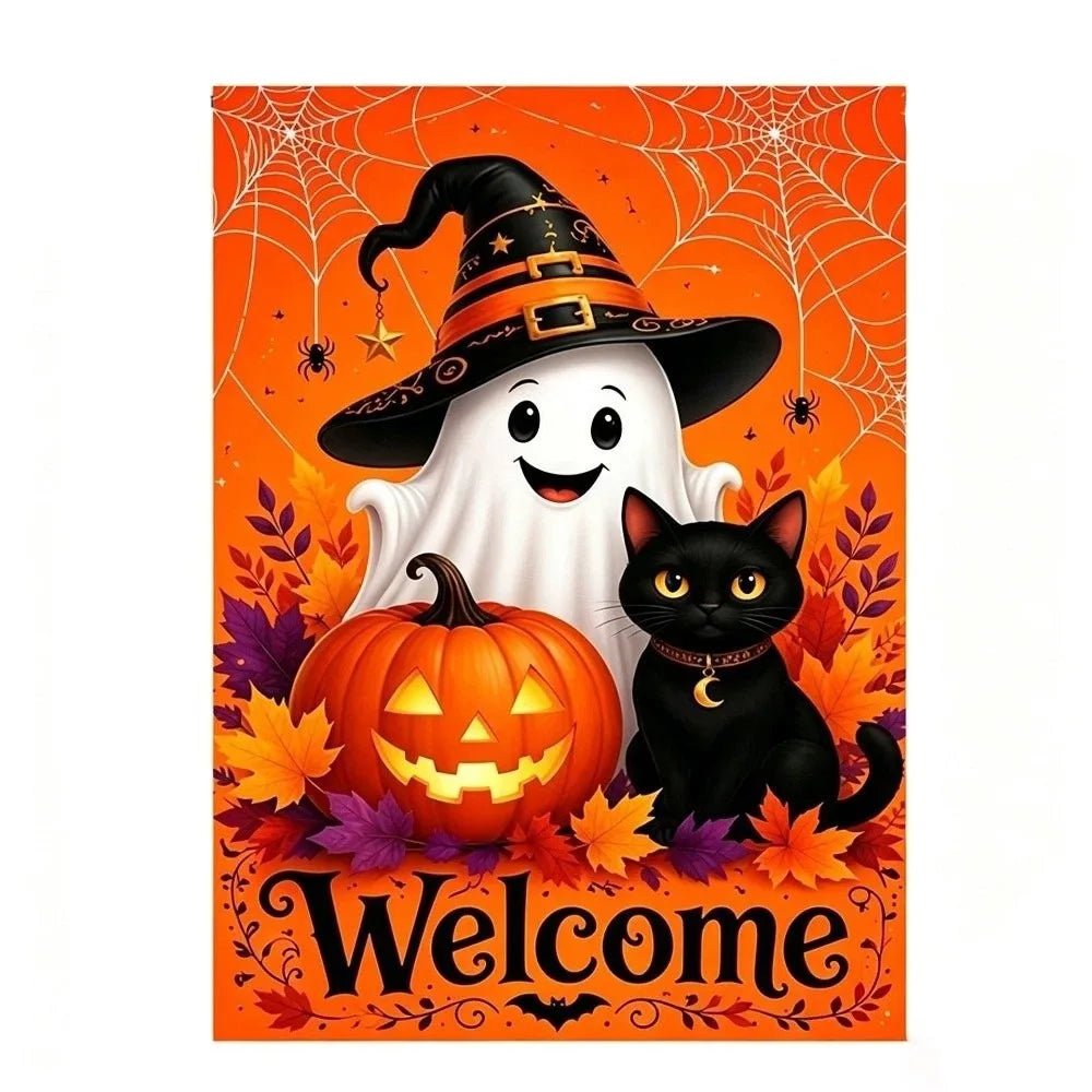 A cute ghost cat with a witch hat and an orange pumpkin surrounded by autumn leaves and spiderwebs.