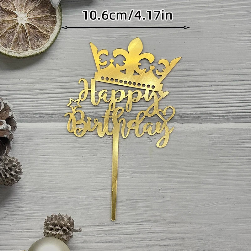 Gold acrylic cake topper set featuring a crown and happy birthday text on a stick