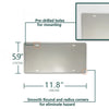 A rectangular metal license plate with pre-drilled holes for mounting, featuring smooth round and radius corners.